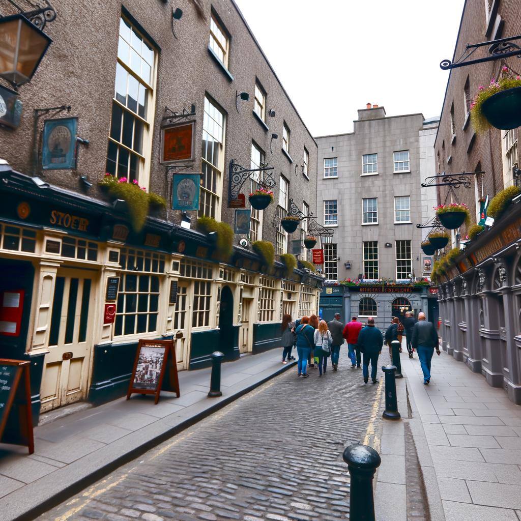 A scenic perspective of Dublin’s historic bars during a daytime tour. Walking through the retro cobblestone alleys, you see a view full of classic pubs with traditional Irish character. Each pub radiates a unique charm with its classic half-doors, beautiful hanging flower baskets, and quaint signage, standing in beautiful contrast against the grey stone buildings. Pedestrians of various descents and genders, perhaps tourists enjoying the pub tour, are scattered about, admiring the rustic aesthetic and warmth these pubs offer.