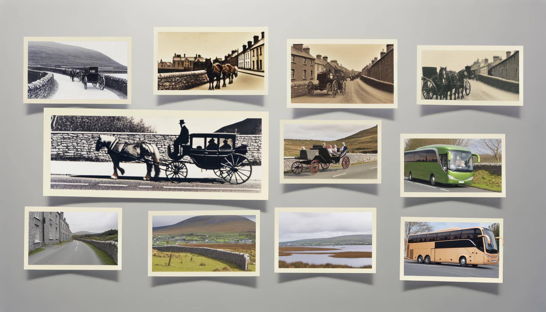 Create a series of vintage-looking photographs that chronicle the progression of classic tours in Ireland. The collection should exhibit a chronological advancement, starting from the earliest means of exploration to the modern age. It should contain images of iconic landmarks, scenic countryside views, charming small towns, and cultural elements representative of Ireland. Include annotations stating the time period each photo represents, from horse-drawn carriages on cobblestone streets to comfortable modern tour buses cruising the picturesque landscapes.